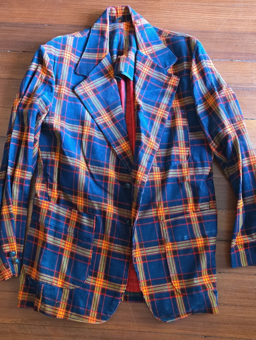 60s Blue Plaid Corduroy Blazer with Yellow & Red Windowpane